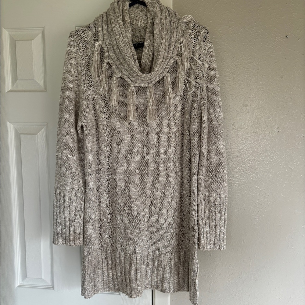 Gray Knit Sweater with cowl neck and fringe